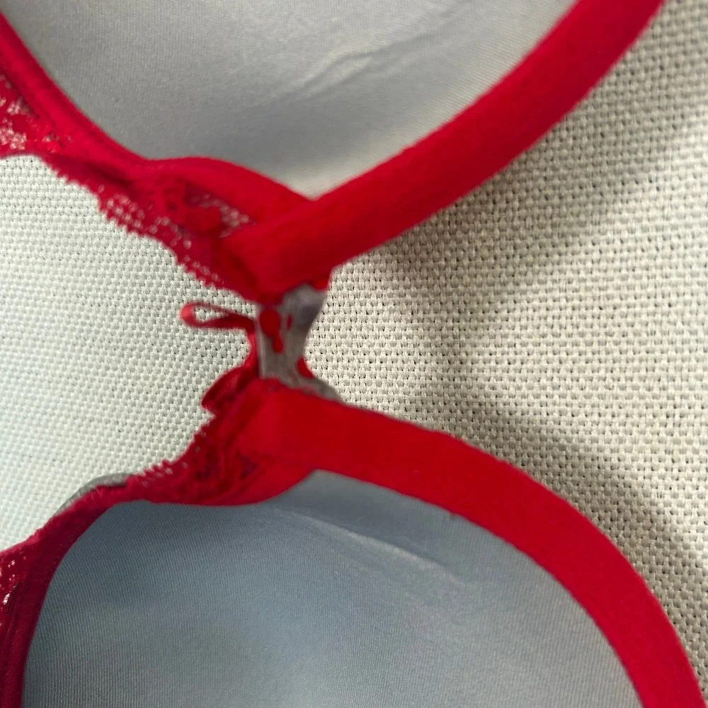 Victorias Secret Push-Up Bra 34C Gray Red Polka Dot Lace Trim Underwire Padded